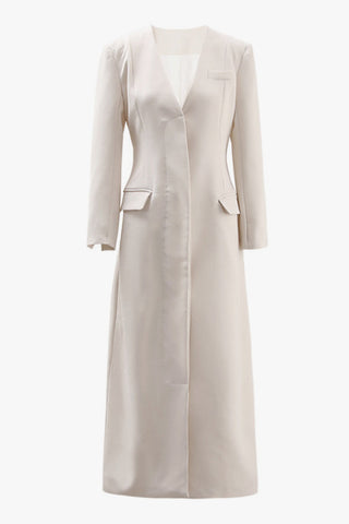 Minimalist Collarless V Neck Shoulder Pad Single Breasted Longline Coat