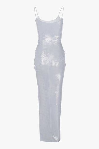 Minimalist Metallic Spaghetti Strap Gathered Draped Evening Maxi Dress