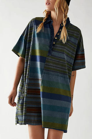 Oversized Stripe Print Patchwork Denim Collar Short Sleeve Mini T Shirt Dress