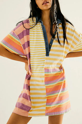 Oversized Stripe Print Patchwork Denim Collar Short Sleeve Mini T Shirt Dress
