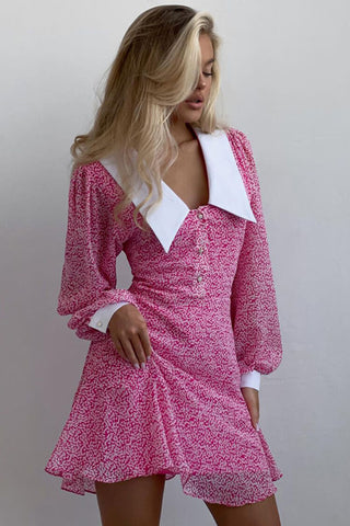 Peter Pan Collar Half Button Blouson Sleeve Disty Floral Printed Mini Dress