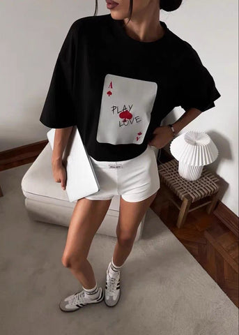 Play Love Oversized Tee White Graphic T-Shirt with Ace Card Print