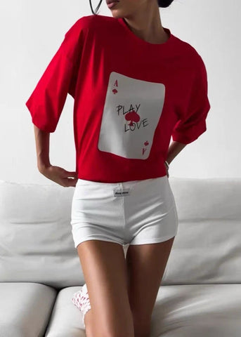 Play Love Oversized Tee White Graphic T-Shirt with Ace Card Print
