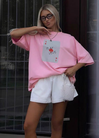 Play Love Oversized Tee White Graphic T-Shirt with Ace Card Print