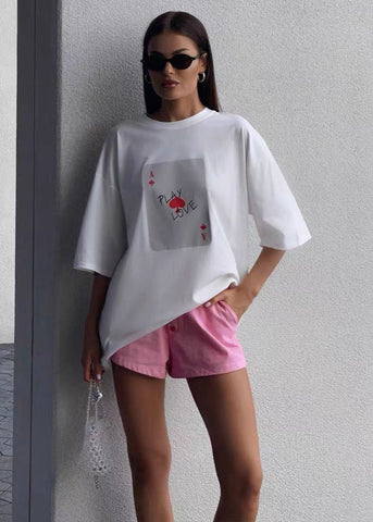 Play Love Oversized Tee White Graphic T-Shirt with Ace Card Print