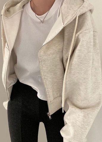 Harlow Neutral Zip-Up Hoodie with Drawstring Hood