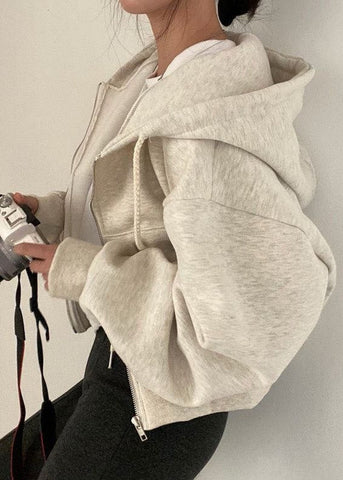 Harlow Neutral Zip-Up Hoodie with Drawstring Hood