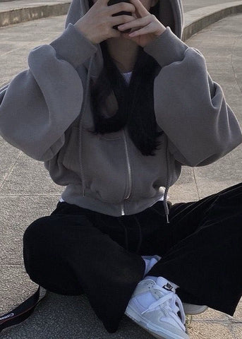 Harlow Neutral Zip-Up Hoodie with Drawstring Hood