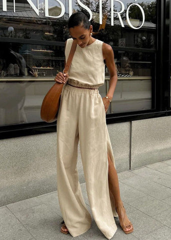 Savanna Wide-Leg Set Beige Sleeveless Top & High-Slit Palazzo Pants