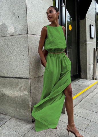 Savanna Wide-Leg Set Beige Sleeveless Top & High-Slit Palazzo Pants