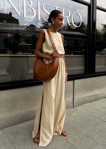 Savanna Wide-Leg Set Beige Sleeveless Top & High-Slit Palazzo Pants