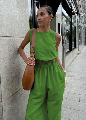 Savanna Wide-Leg Set Beige Sleeveless Top & High-Slit Palazzo Pants
