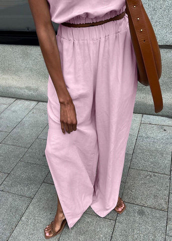 Savanna Wide-Leg Set Beige Sleeveless Top & High-Slit Palazzo Pants