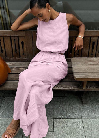 Savanna Wide-Leg Set Beige Sleeveless Top & High-Slit Palazzo Pants