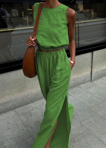 Savanna Wide-Leg Set Beige Sleeveless Top & High-Slit Palazzo Pants