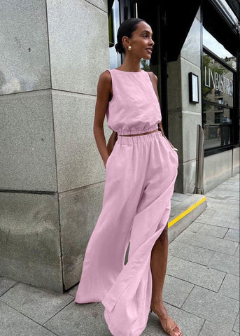 Savanna Wide-Leg Set Beige Sleeveless Top & High-Slit Palazzo Pants