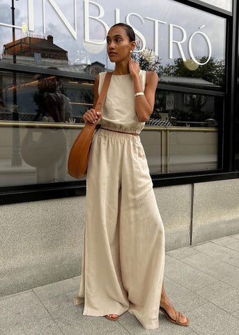 Savanna Wide-Leg Set Beige Sleeveless Top & High-Slit Palazzo Pants