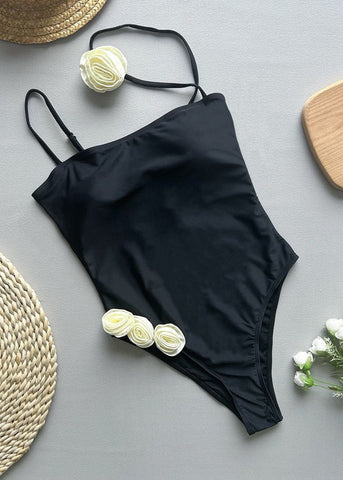 Noir Bloom One-Piece Swimsuit with 3D Floral Accents