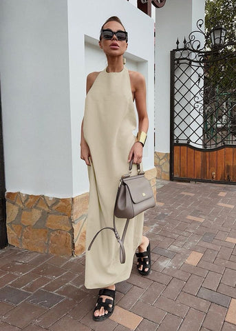 Sahara Backless Halter Maxi Dress Cotton & Linen Blend