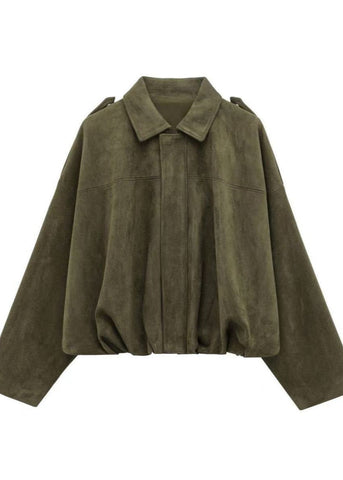 OliveAura Oversized Suede Zip Jacket