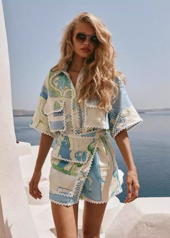 Santorini Sketch - Linen Shirt and Skirt Set