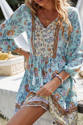 Prairie Tie Neck Half Button Floral Printed Boho Chic Mini Dress - Blue