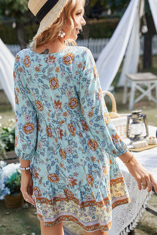 Prairie Tie Neck Half Button Floral Printed Boho Chic Mini Dress - Blue