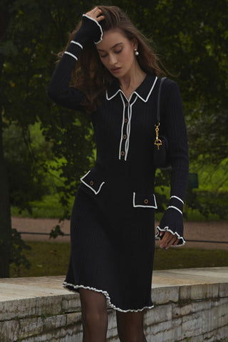 Preppy Chic Contrast Collar Button Up Long Sleeve Ribbed Knit Sweater Mini Dress - Black
