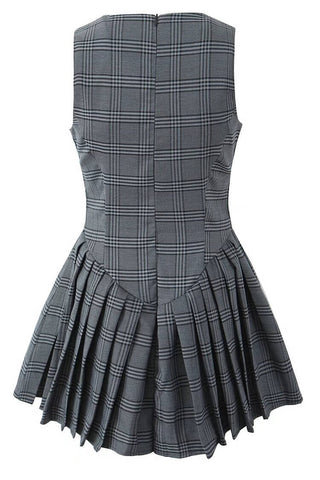 Preppy Plaid Print Crew Neck Sleeveless Drop Waist Pleated Mini Dress