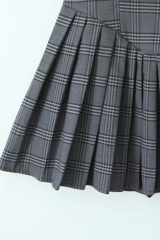 Preppy Plaid Print Crew Neck Sleeveless Drop Waist Pleated Mini Dress