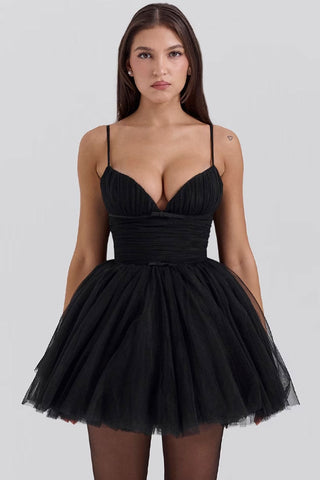 Pretty Sweetheart Neck Bow Ruched Tulle Fit & Flare Slip Party Mini Dress