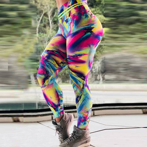 Stretchy Gym Tights Energy Rainbow Print Seamless Leggings Tummy Control Yoga Pants High Waist Sport Running Pants Women