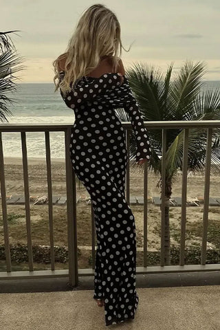 Retro Polka Dot Mesh Foldover Off Shoulder Long Sleeve Formal Maxi Dress