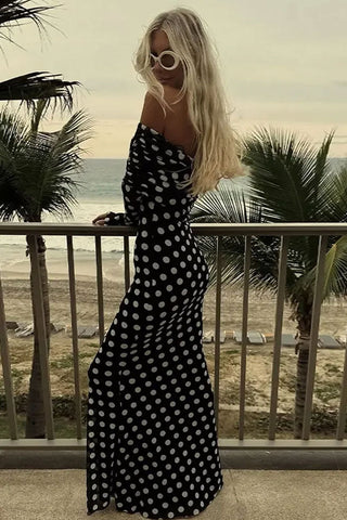 Retro Polka Dot Mesh Foldover Off Shoulder Long Sleeve Formal Maxi Dress