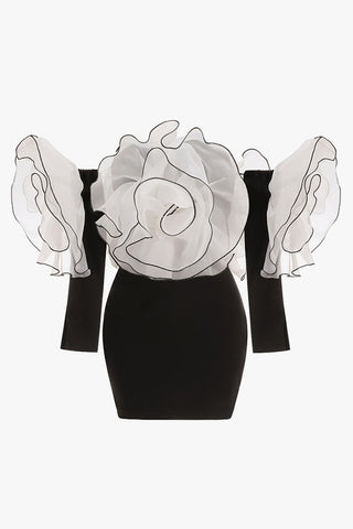 Romantic Contrast Rosette Off Shoulder Bodycon Jersey Party Mini Dress