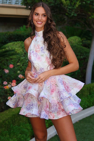 Romantic Halter Bow Tie Backless Ruffle Tiered Floral Party Mini Dress