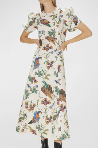 Romantic Printed Crew Neck Puff Sleeve Empire Waist Vacation Midi Dress