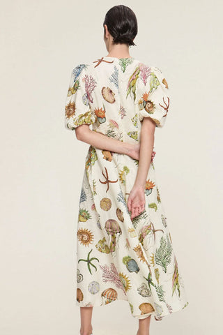 Romantic Printed Crew Neck Puff Sleeve Empire Waist Vacation Midi Dress