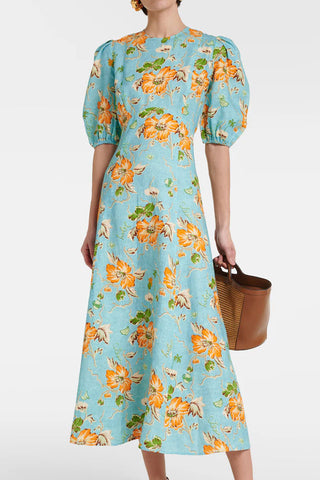 Romantic Printed Crew Neck Puff Sleeve Empire Waist Vacation Midi Dress