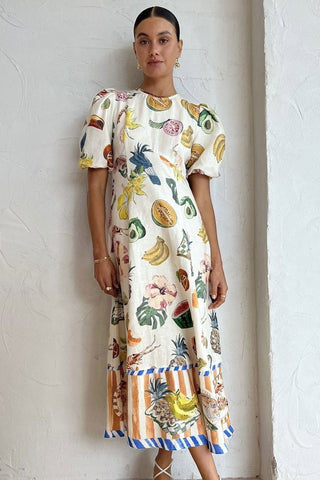 Romantic Printed Crew Neck Puff Sleeve Empire Waist Vacation Midi Dress