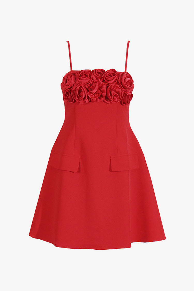 Romantic Rosette Square Neck Pocketed A Line Cami Party Mini Dress
