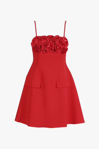 Romantic Rosette Square Neck Pocketed A Line Cami Party Mini Dress