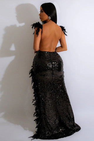Backless Faux Feather Deep V Split Sequin Evening Maxi Dress
