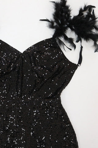 Backless Faux Feather Deep V Split Sequin Evening Maxi Dress
