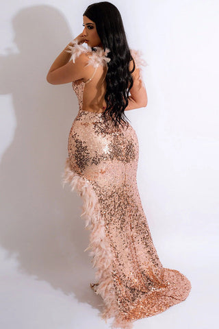 Backless Faux Feather Deep V Split Sequin Evening Maxi Dress