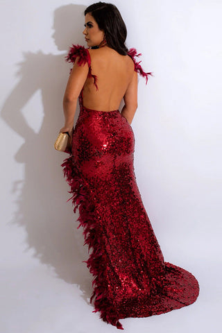 Backless Faux Feather Deep V Split Sequin Evening Maxi Dress