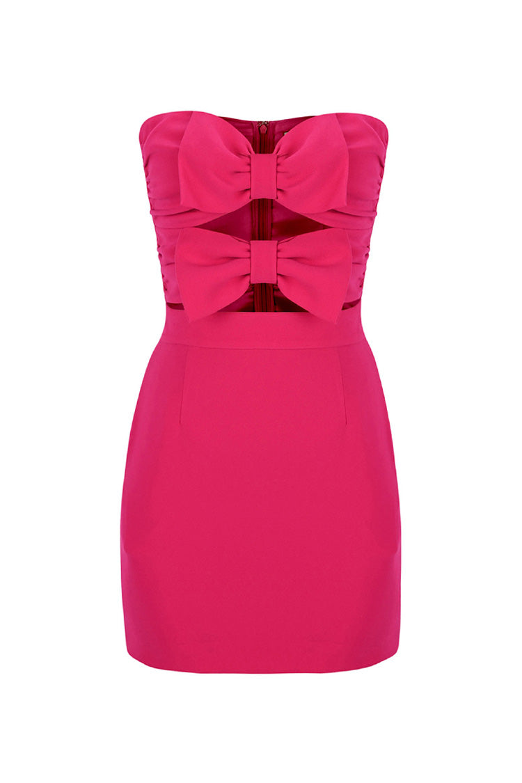 Big Bow Trim Sweetheart Cutout Strapless Bodycon Party Mini Dress