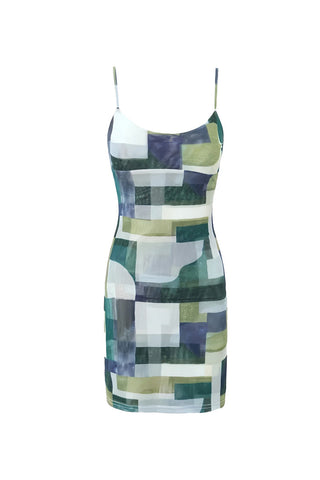 Blurry Geometric Printed Mesh Bodycon Sleeveless Club Mini Dress