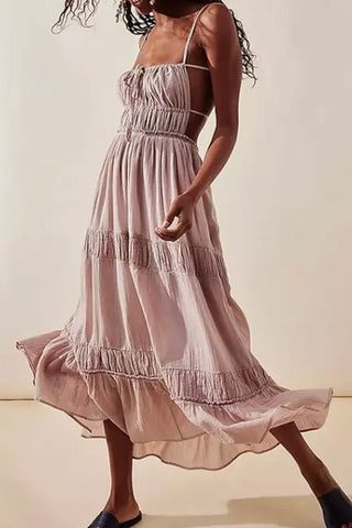 Bow Tie Backless Smocked Tiered Ruffle Beach Vacation Midi Sundress