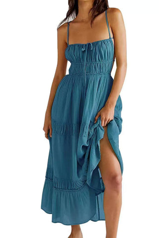 Bow Tie Backless Smocked Tiered Ruffle Beach Vacation Midi Sundress